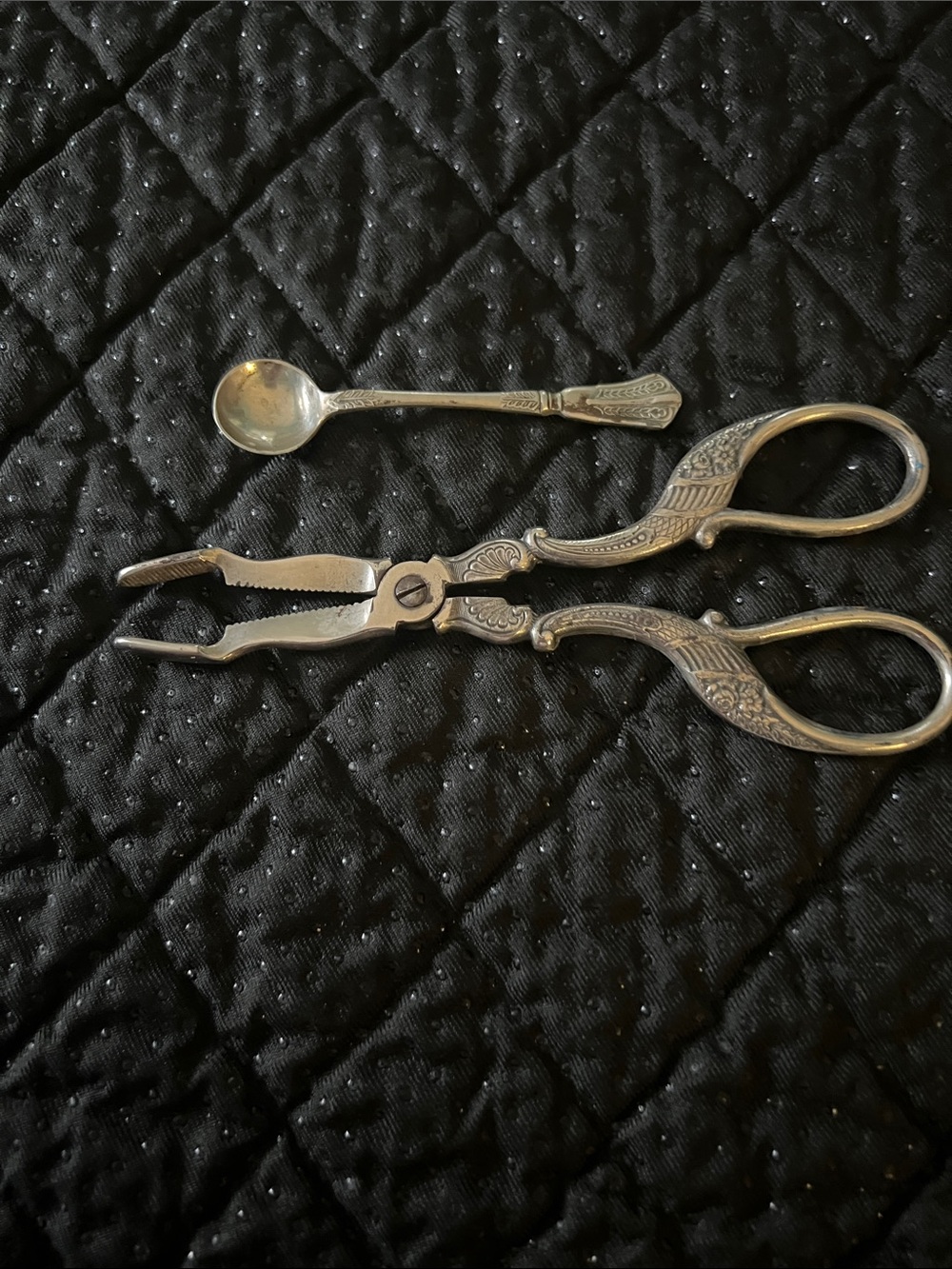 Vintage , ornate silver-toned metal sugar cube tongs with small sugar bowl spoon
